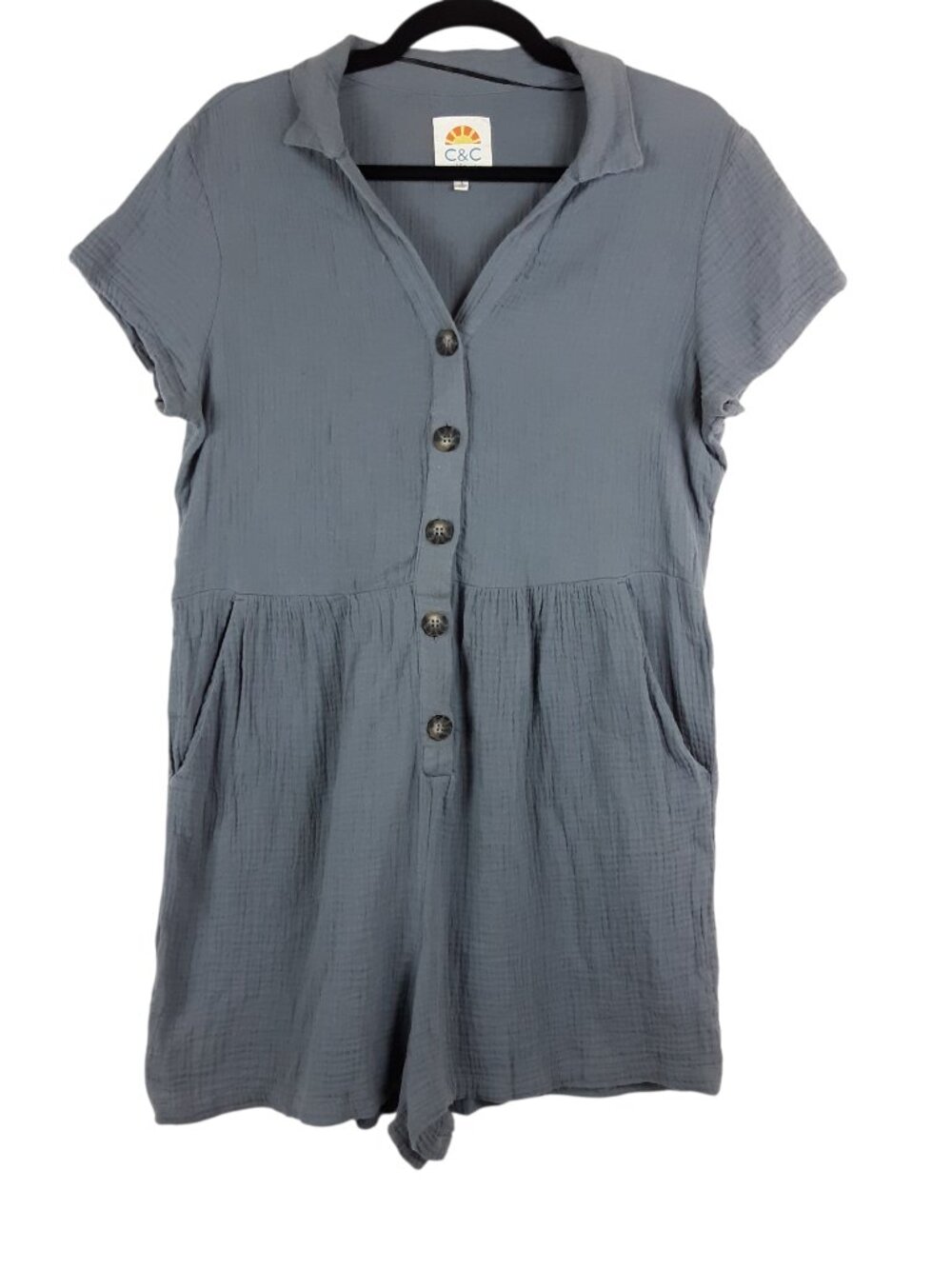 C&C California Cotton Gauze Button Up Romper Blue Size Large